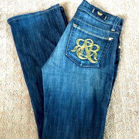 Rock & Republic Gold Embroidered ‘R&R’ Pocket Low Rise, Tapered Leg Jeans, 26 - Picture 2 of 10